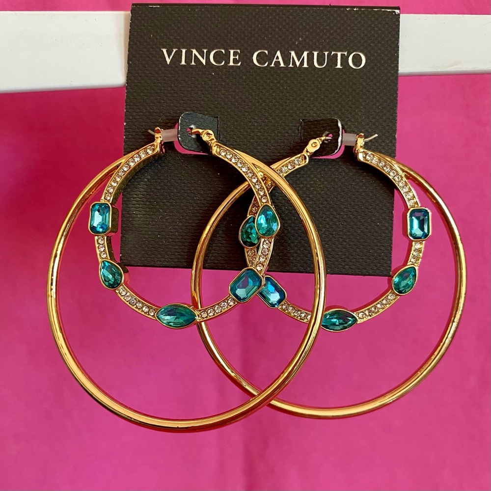 Vince Camuto Gold and Teal Hoop Earrings
